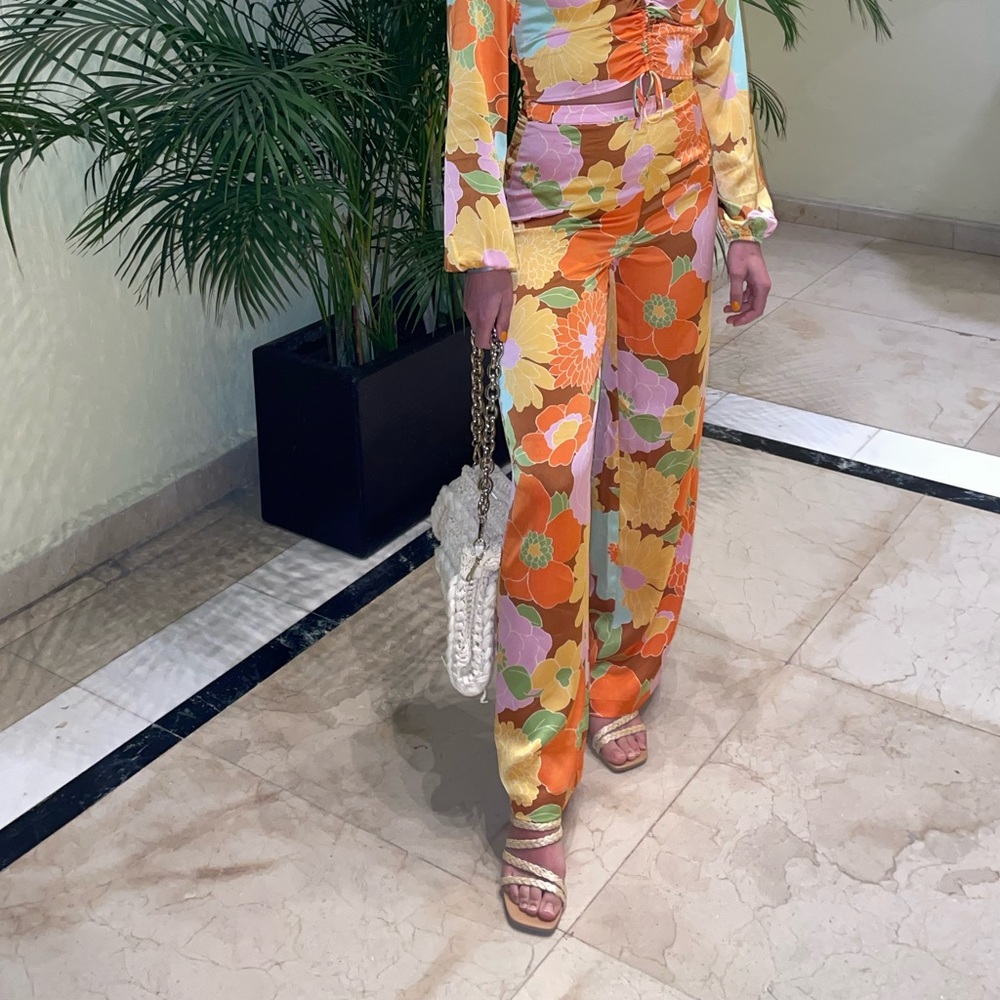 Floral 70s inspired satin pants- matching top available
